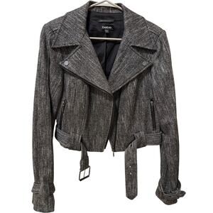 Bebe Cropped Wool Tweed Herringbone Moto Jacket Twee Women's Size 10 Biker Punk
